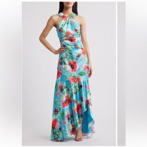 Floral Print Twist Neck Gown
